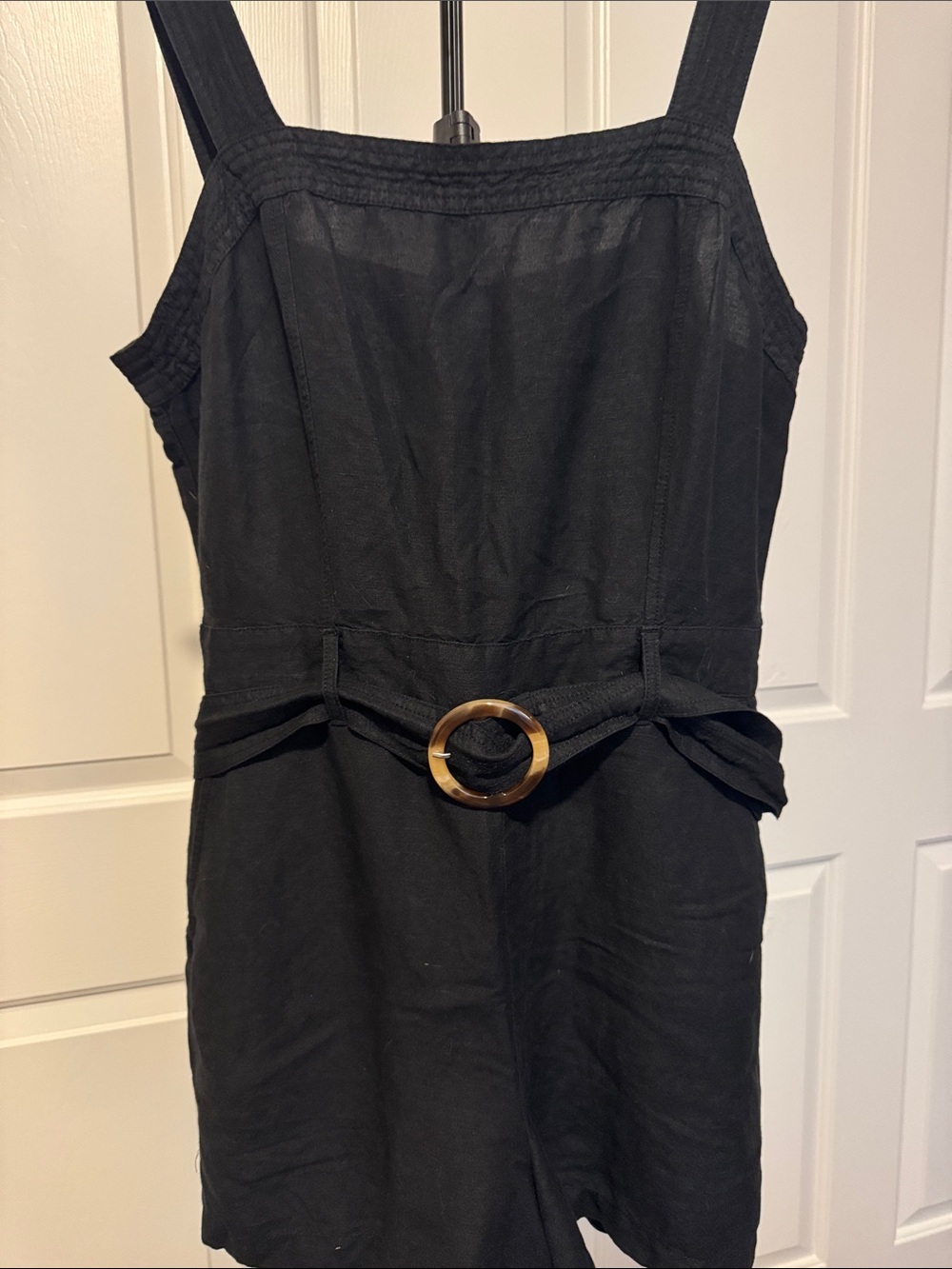 LOFT Belted Linen Blend Strappy Romper Black Size 12